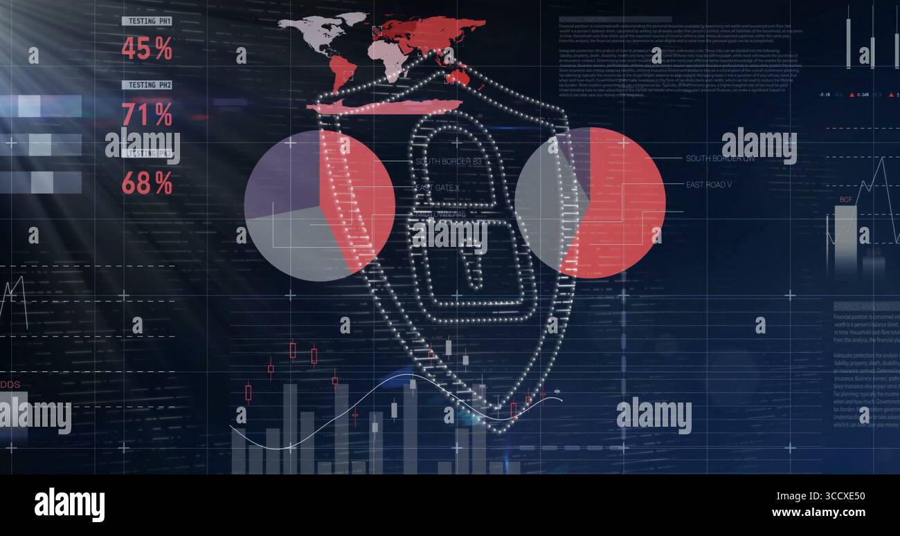 Affichage de bouclier en pointillés avec cadenas sur le tableau de bord de sécurité, avec carte du monde, graphique circulaire et graphique à barres Banque D'Images