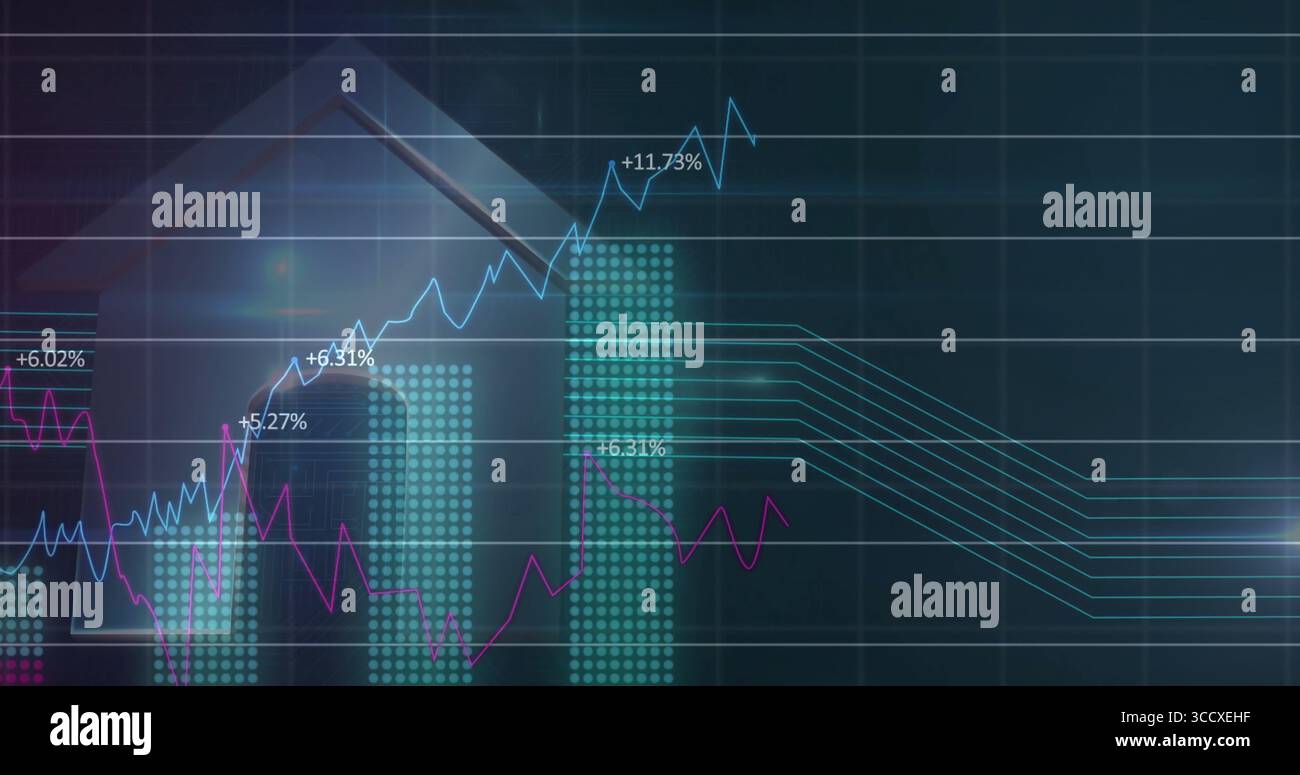 Affichage de l'icône de flèche traçant la croissance sur le tableau de bord, montrant des lignes bleu clair ou magenta, turquoise BA Banque D'Images