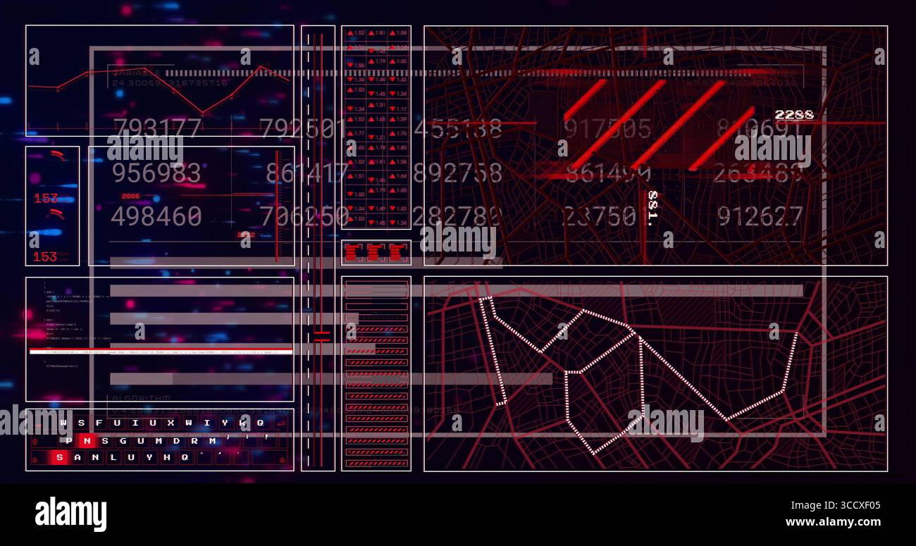 Interface d'affichage montrant des graphiques à barres dans la salle de contrôle, avec graphique linéaire et grille de carte d'itinéraire Banque D'Images