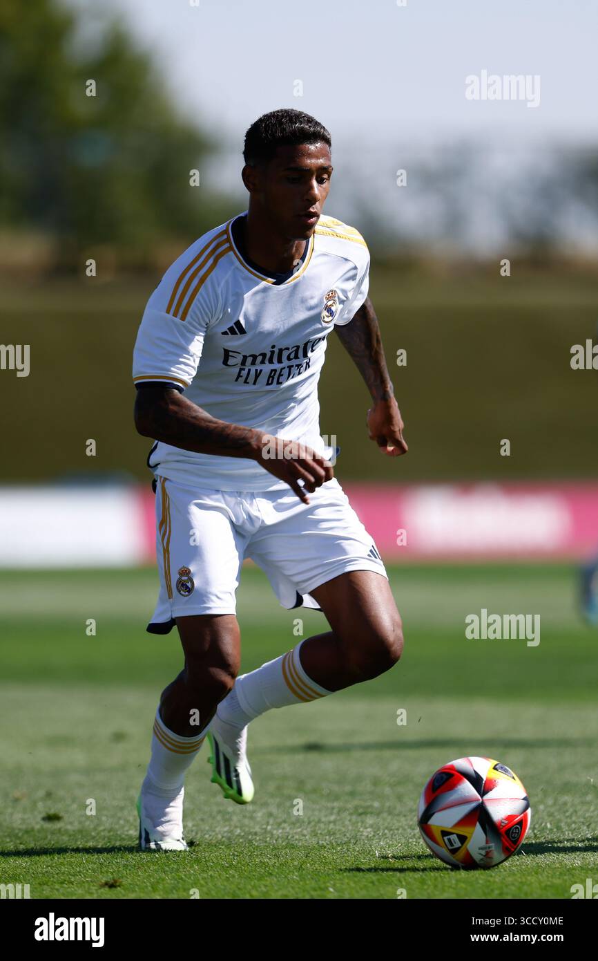 12 août 2023, VALDEBEBAS, MADRID, ESPAGNE : Vinicius Tobias de RM Castilla en action lors du match amical joué entre le Real Madrid Castilla et le CD Fuenlabrada au stade Alfredo Di Stefano le 12 août 2023, à Valdebebas, Madrid, Espagne. (Crédit image : © Oscar J. Barroso/AFP7 via ZUMA Press Wire) Banque D'Images