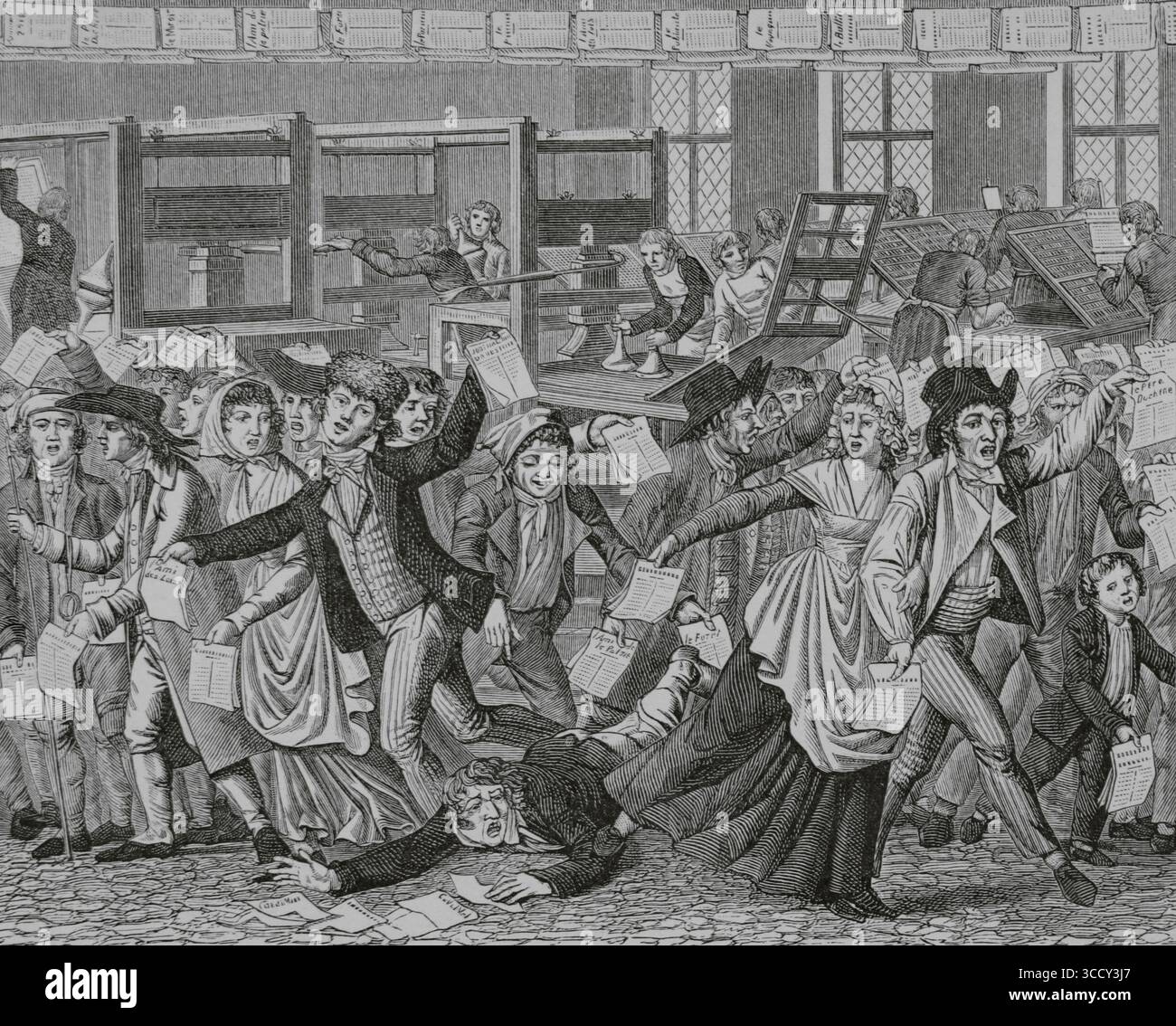 Liberté de la presse pendant la Révolution française. Caricature anonyme, vers 1797. Gravure. Directoire, Consulat et Empire. Moeurs et usages, lettres, sciences et arts. France, 1795-1815” (Annuaire, Consulat et Empire de France. Coutumes et traditions, lettres, sciences et art. France, 1795-1815), de Paul Lacroix. Publié à Paris, 1884. Banque D'Images