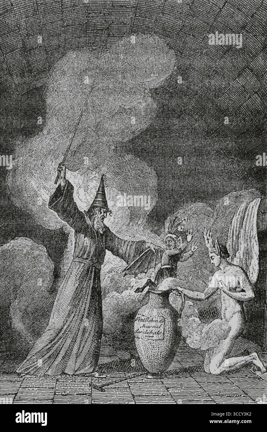 Le nouveau diable boiteux, 1798-1799. Roman écrit par Pierre-Jean-Baptiste Chaussard (1766-1823) sous le pseudonyme de Docteur Dicaculus. Ouvrage philosophique et moral décrivant Paris à la fin du XVIIIe siècle, inspiré du roman 'le diable boiteux' d'Alain-René Lesage de 1707. Frontispice de la deuxième édition, 1803. Le dénouement. Illustration de Jean-François Garneray (1755-1837), gravée par Dien. Directoire, Consulat et Empire. Moeurs et usages, lettres, sciences et arts. France, 1795-1815” (Annuaire, Consulat et Empire de France. Coutumes et traditions, lettres, scienc Banque D'Images