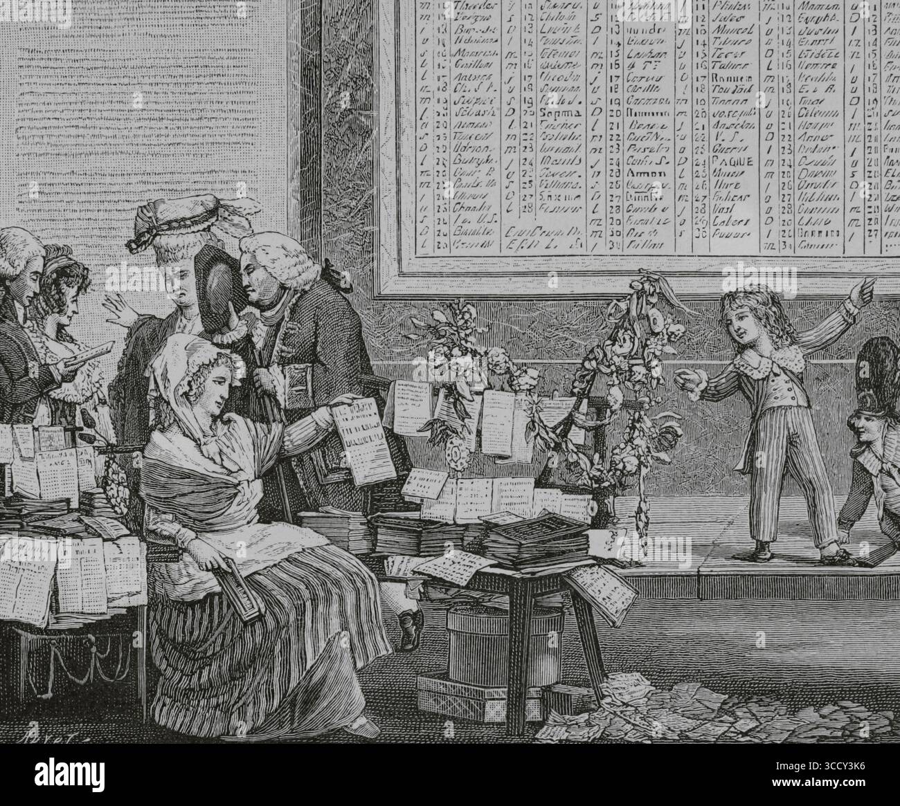 Le vendeur de journaux. Gravure de Huyot d'après Philibert-Louis Debucourt (1755-1832). Fragment qui faisait partie de l'Almanach national dédié à la société des amis de la Constitution (société des amis de la Constitution), 1791. Il représente un vendeur de journaux assis en vente dans une rue parisienne. Directoire, Consulat et Empire. Moeurs et usages, lettres, sciences et arts. France, 1795-1815” (Annuaire, Consulat et Empire de France. Coutumes et traditions, lettres, sciences et art. France, 1795-1815), de Paul Lacroix. Publié à Paris, 1884. Banque D'Images
