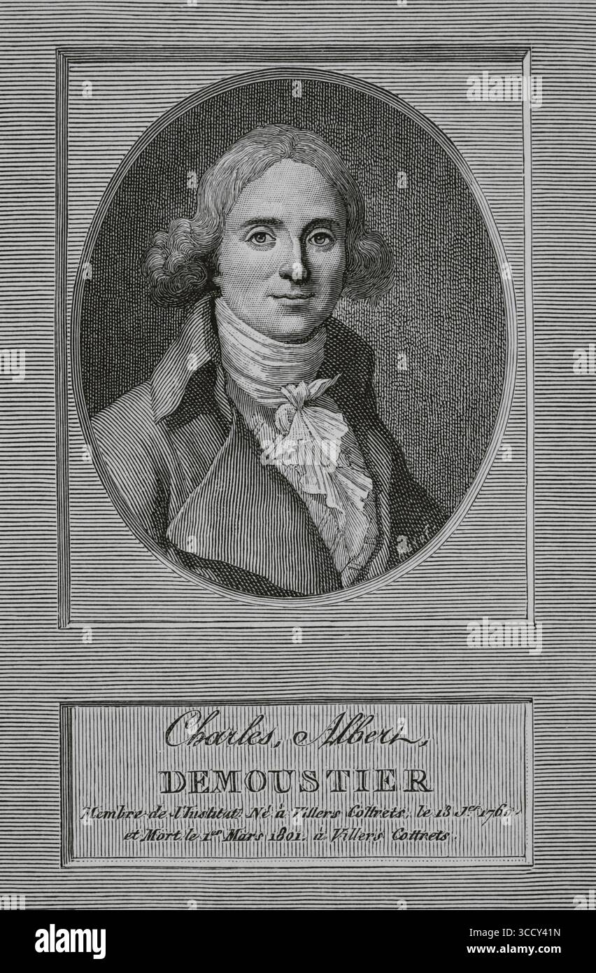 Charles-Albert Demoustier (1760-1801) Écrivain français. Portrait. Gravure de Huyot d'après une illustration de Jacques-Augustin-Catherine Pajou (1766-1828), gravée par Pierre Alexandre Tardieu (1756-1844), de la seconde moitié du XVIIIe siècle. Directoire, Consulat et Empire. Moeurs et usages, lettres, sciences et arts. France, 1795-1815” (Annuaire, Consulat et Empire de France. Coutumes et traditions, lettres, sciences et art. France, 1795-1815), de Paul Lacroix. Publié à Paris, 1884. Banque D'Images