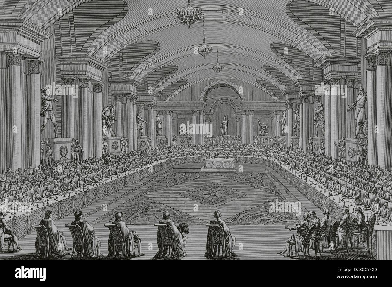 Institut de France. Institution française créée en 1795 pour remplacer les anciennes académies royales. Il regroupe les élites scientifiques, artistiques et littéraires françaises pour collaborer à l'amélioration des sciences et des arts, au développement de la pensée indépendante et au conseil des pouvoirs publics. Première session de l'Institut National le 4 avril 1796 (15 germinal, an IV). Les membres de l’Institut se sont réunis dans la salle Caryatid du Louvre. Gravure de Huyot d'après l'illustration d'Abraham Girardet (1764-1823), gravée par Berthault (1737-1831). 'Directoire, Consulat et E. Banque D'Images