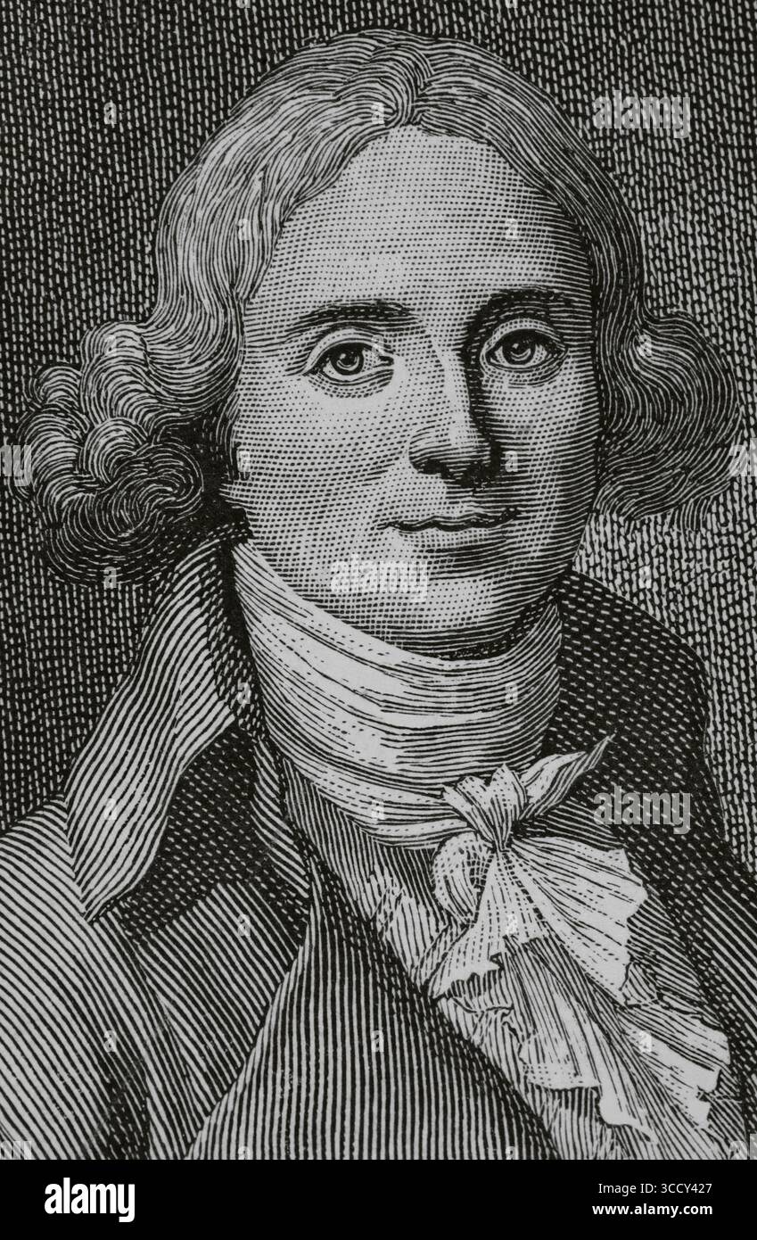 Charles-Albert Demoustier (1760-1801) Écrivain français. Portrait. Gravure de Huyot d'après une illustration de Jacques-Augustin-Catherine Pajou (1766-1828), gravée par Pierre Alexandre Tardieu (1756-1844), de la seconde moitié du XVIIIe siècle. Détail. Directoire, Consulat et Empire. Moeurs et usages, lettres, sciences et arts. France, 1795-1815” (Annuaire, Consulat et Empire de France. Coutumes et traditions, lettres, sciences et art. France, 1795-1815), de Paul Lacroix. Publié à Paris, 1884. Banque D'Images
