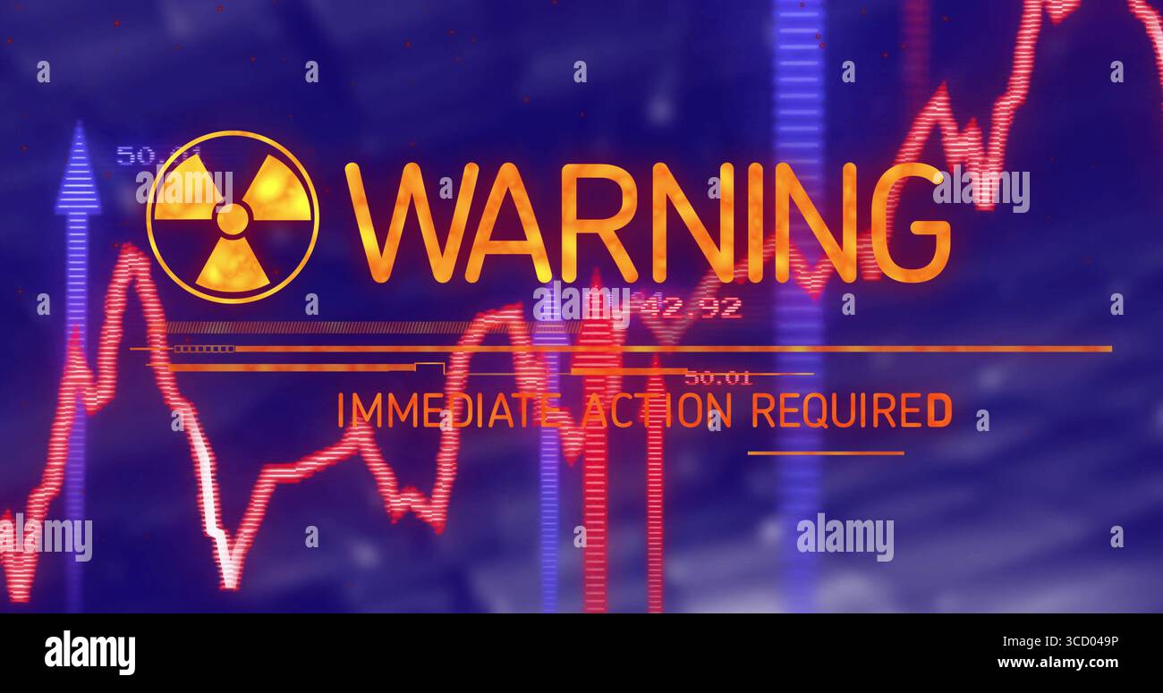 Affichage du symbole de danger de rayonnement et du texte D'AVERTISSEMENT sur l'interface graphique du moniteur, avec ACTION IMMÉDIATE REQUISE Banque D'Images