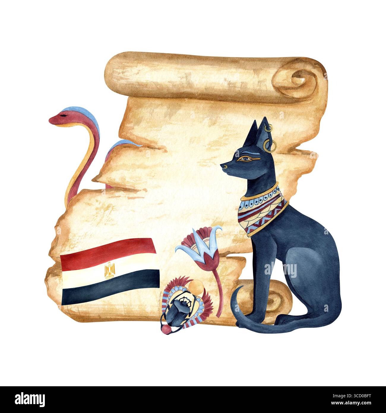 Rouleau de papyrus égyptien avec drapeau de l'Egypte, lotus sacré, scarabée, Bastet, serpent. Ancienne feuille de papier ancienne. Illustration aquarelle isolée de Banque D'Images