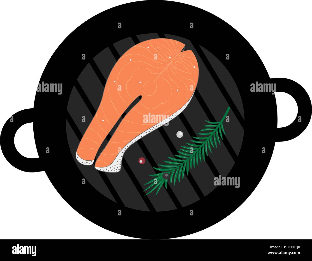 Steak de poisson rouge avec épices et brindille de romarin sur grille en fonte grille de cuisson saine conception de cartes alimentaires. Illustration vectorielle isolée cartes thématiques d'aliments sains Design Menu, recette, étiquette de prix, dépliants Illustration de Vecteur