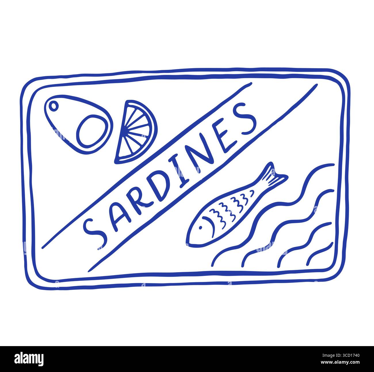 Peut dessiner à la main des sardines avec illustration vectorielle de citron. Icône de doodle de fruits de mer méditerranéens. La dolce vita. Style rétro Illustration de Vecteur