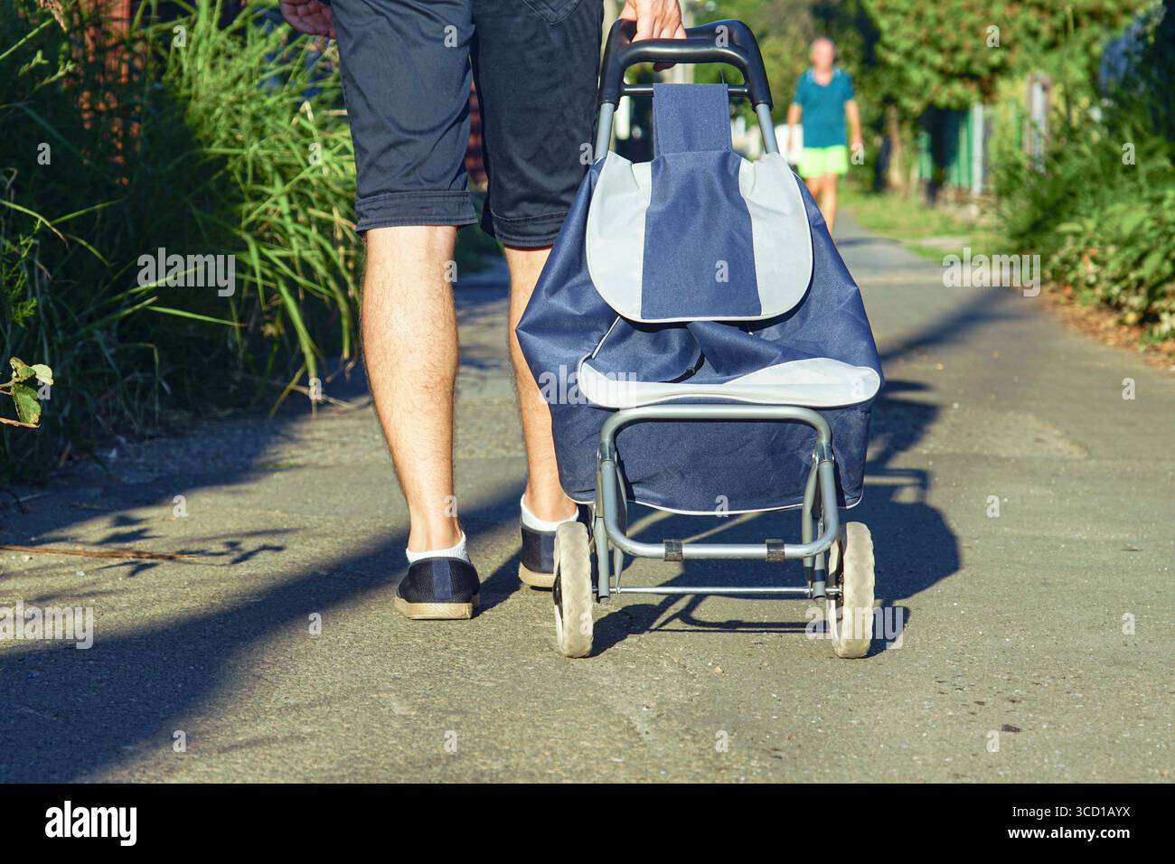Chariot d'épicerie tiré par l'homme sur la rue de banlieue. Représentant une solution d'achat pratique et adaptée aux personnes âgées, aide à la mobilité pour transporter des sacs lourds Banque D'Images