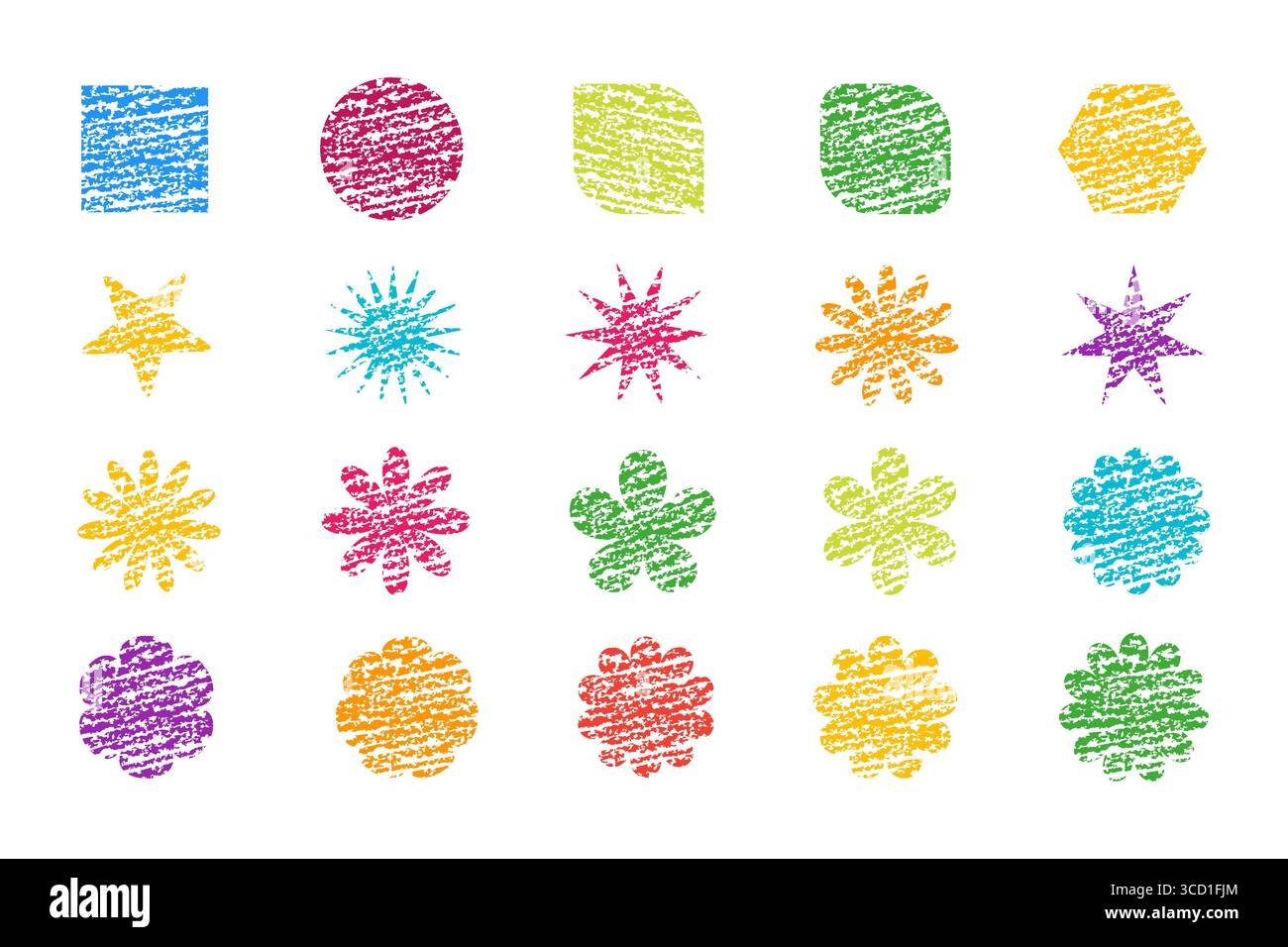 Formes abstraites avec texture de crayon coloré, crayon dessiné à la main dans un style enfantin, craie de couleur texture, formes de base de crayons, illustration vectorielle Illustration de Vecteur