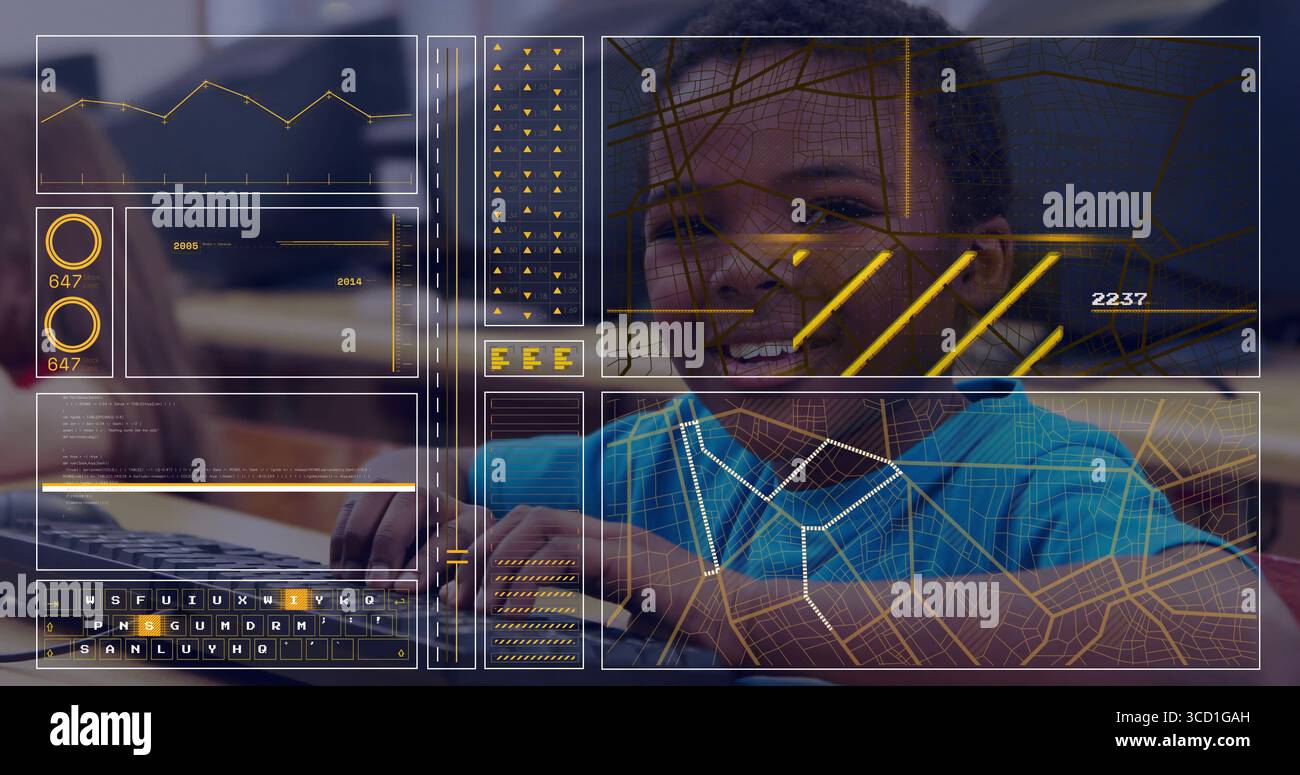 Garçon afro-américain en sweat à capuche bleu travaillant sur le clavier d'ordinateur portable en classe, avec superposition graphique Banque D'Images