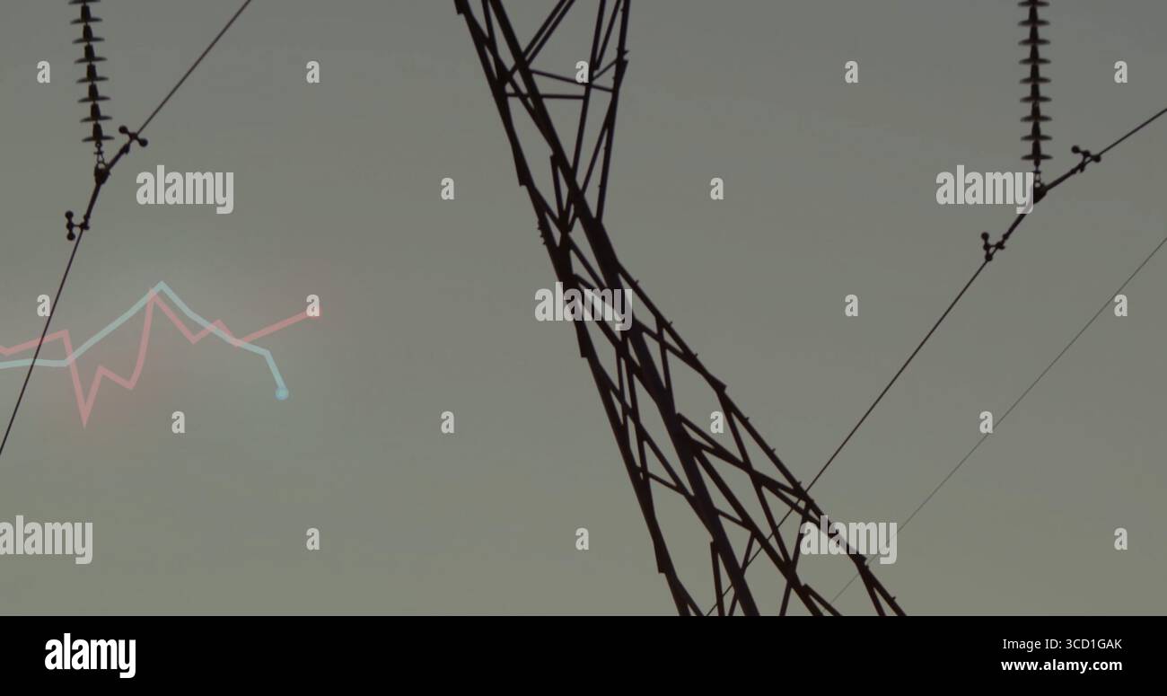 Segment de tour de transmission en treillis étiré en ciel ouvert, avec isolants et graphique en ligne bleue rose Banque D'Images