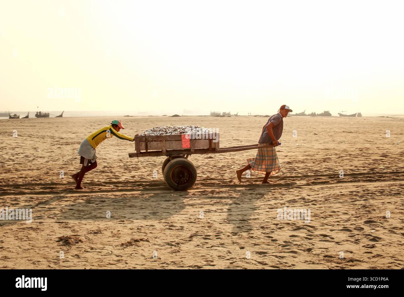 Cox's Bazar, Bangladesh - 07 mars 2022 : vue de deux hommes tendus contre le sol sablonneux, tirant un chariot chargé de poissons argentés vers les bateaux de mer lointains. Banque D'Images