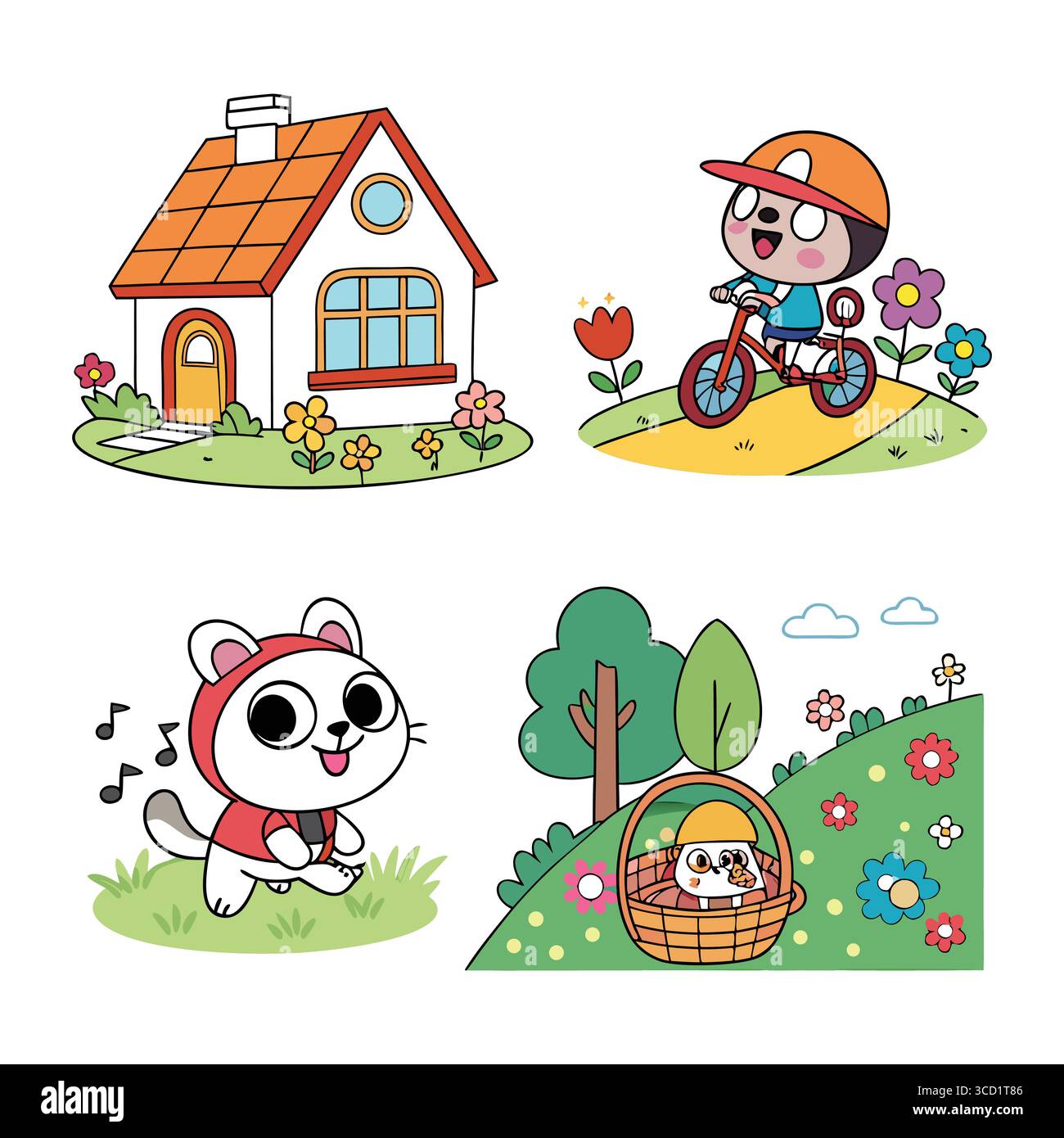 ensemble d'illustration vectorielle de dessin animé mignon avec une maison confortable et des fleurs, vélo joyeux garçon, chat chantant adorable et panier de pique-nique en natu coloré Illustration de Vecteur