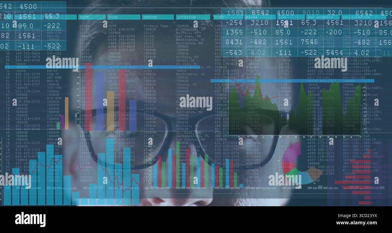 Analyse homme adulte examinant les superpositions de données via des lunettes dans un espace de travail virtuel, avec des diagrammes de couleurs Banque D'Images