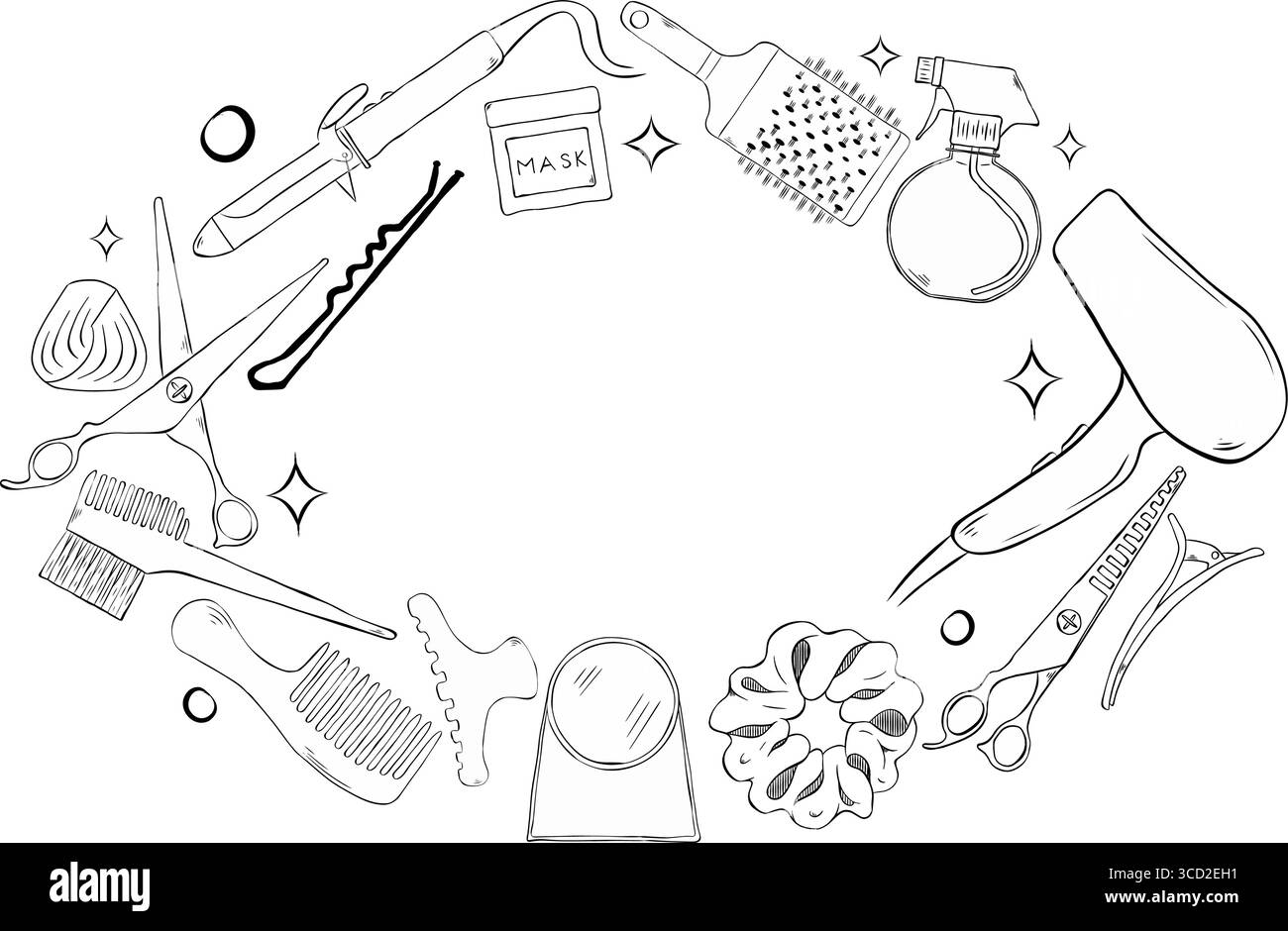 Outils de coiffeur professionnel articles de salon de coiffure cadre ovale. Illustration du modèle d'encre de ligne graphique vectorielle. Placez pour votre texte, exemple d'affiche de logo, dans Illustration de Vecteur