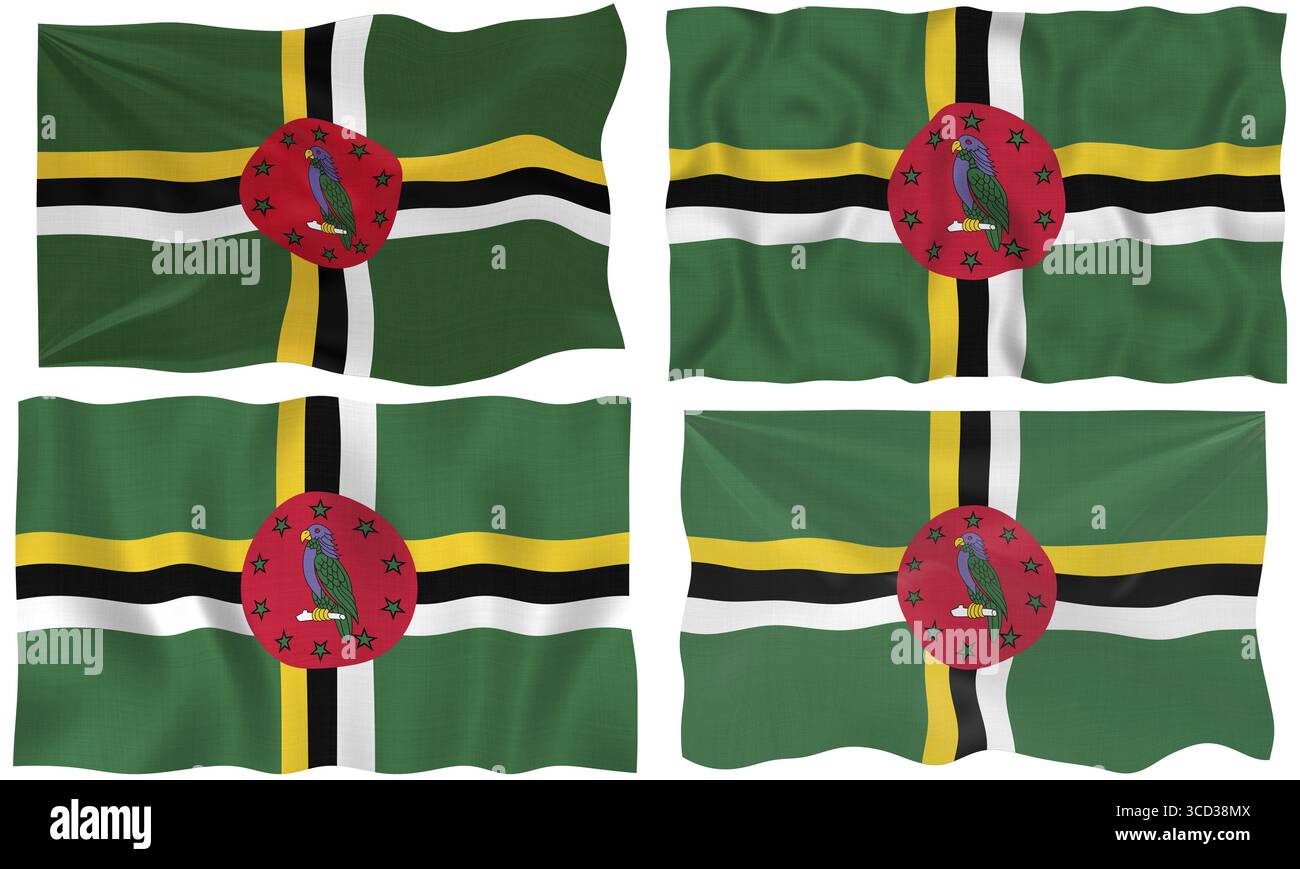 Grande image sur blanc de quatre drapeaux de Dominique Banque D'Images