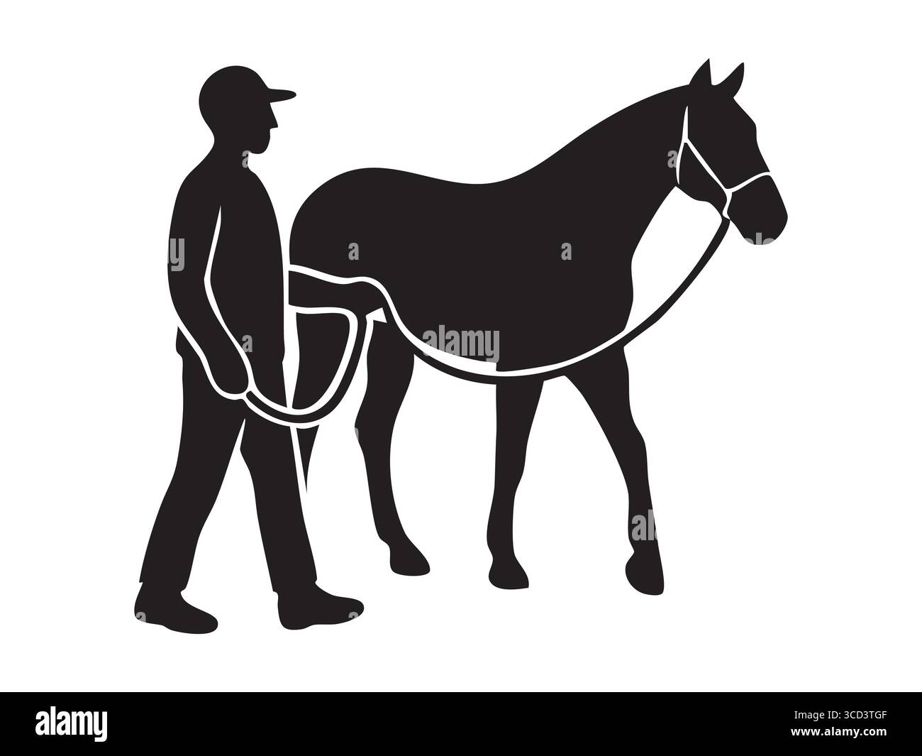 Silhouette noire de l'homme dirigeant cheval, isolé sur fond blanc. concept d'équestre, de soin des animaux, d'activité de plein air, de compagnie, de formation, ic Illustration de Vecteur