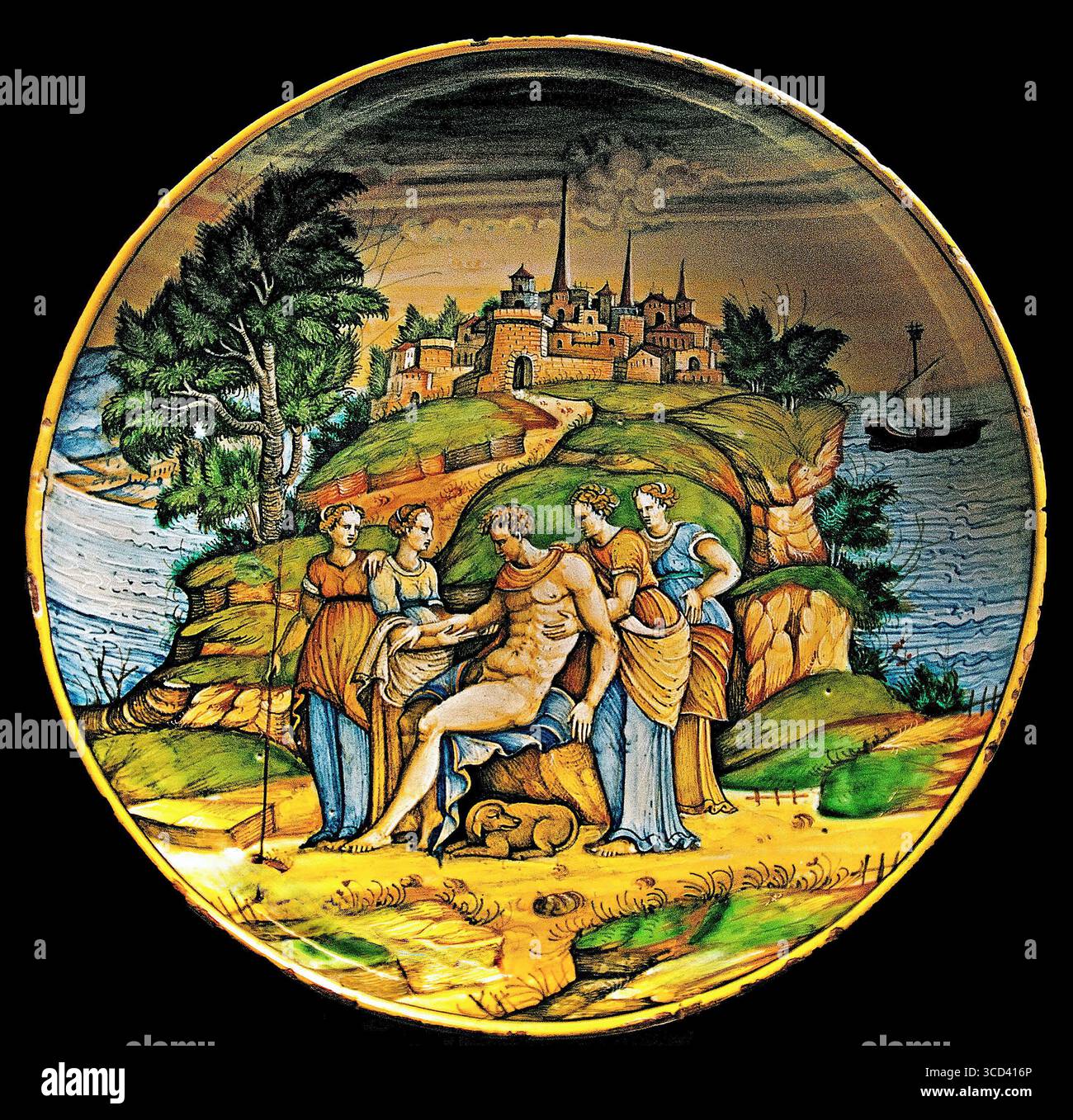 Assiette coupe - le guidon sauvage vers 1550 - 1560 Duché d'Urbino Italie Musée italien de la faïence France. Banque D'Images Assiette coupe - le guidon sauvage vers 1550 - 1560 Duché d'Urbino Italie Musée italien de la faïence France. Banque D'Images