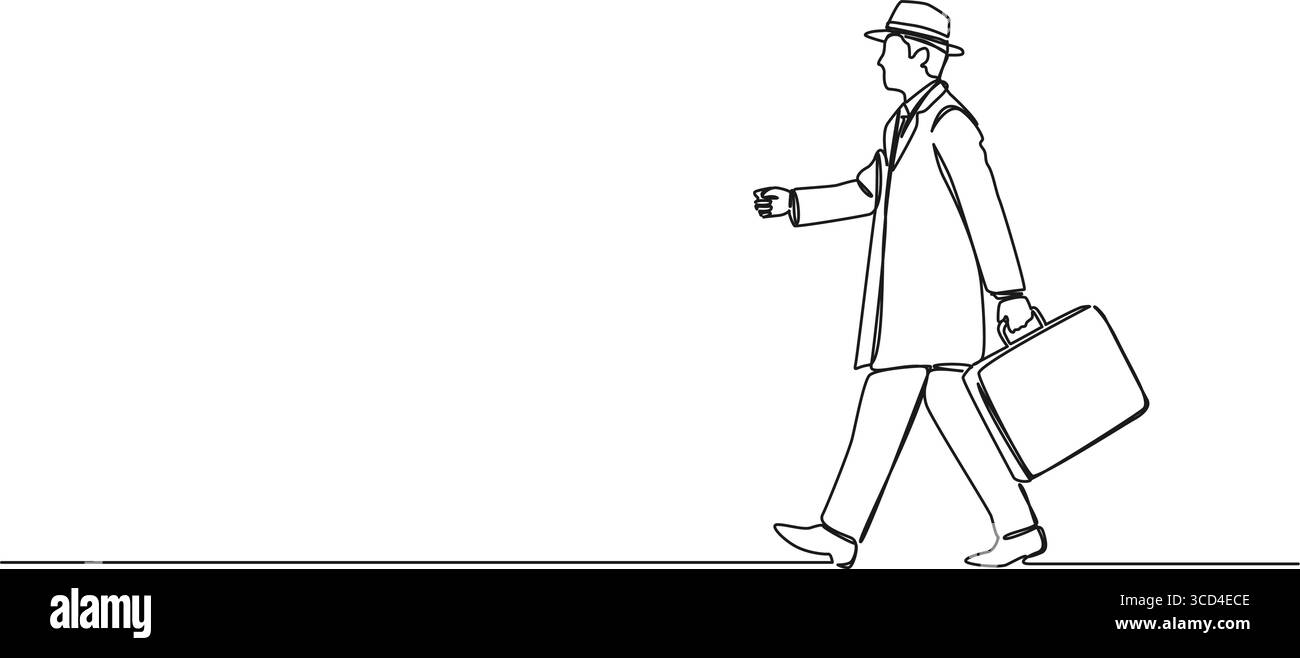dessin continu d'un homme âgé portant une petite valise ou mallette, illustration vectorielle d'art au trait Illustration de Vecteur