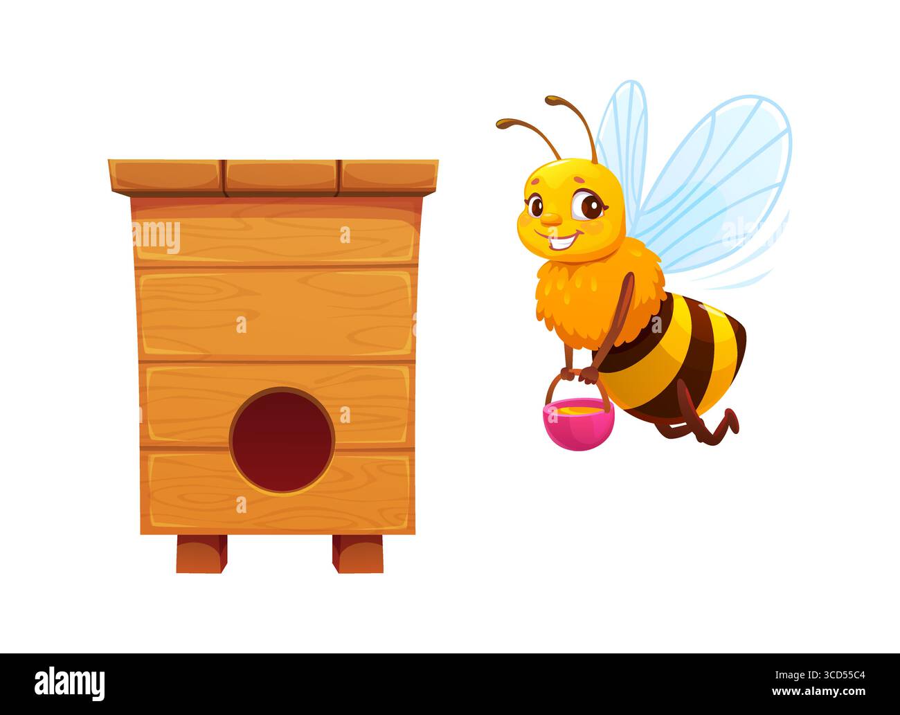 Personnage d'abeille de miel de dessin animé retournant à la ruche en bois avec seau de miel plein. Vecteur joyeux insecte jaune volant près de ruche avec le visage souriant évoque le travail d'équipe, la pollinisation et la vie de rucher Illustration de Vecteur