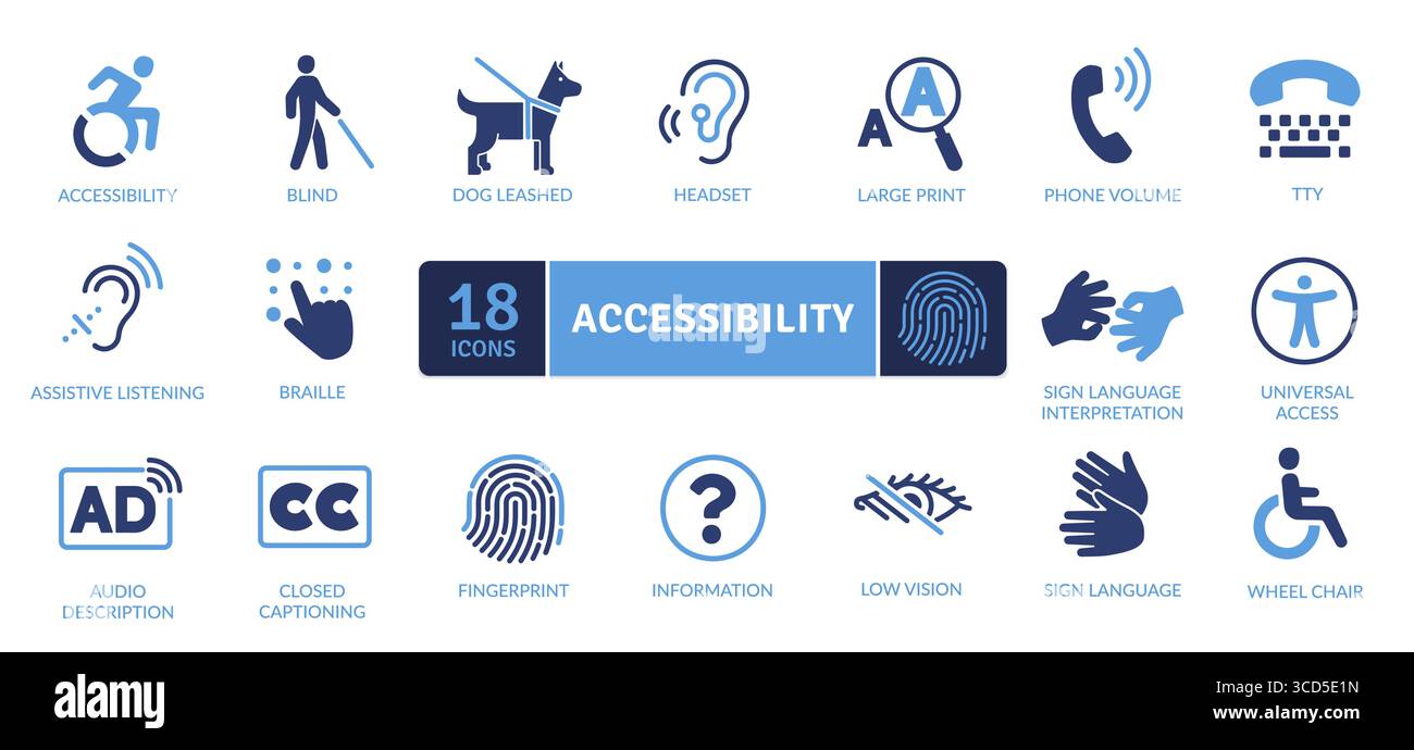 L'image est une collection de 18 icônes de ligne distinctes représentant l'accessibilité. Les icônes représentent des symboles pour les personnes handicapées, y compris la mobilité Illustration de Vecteur