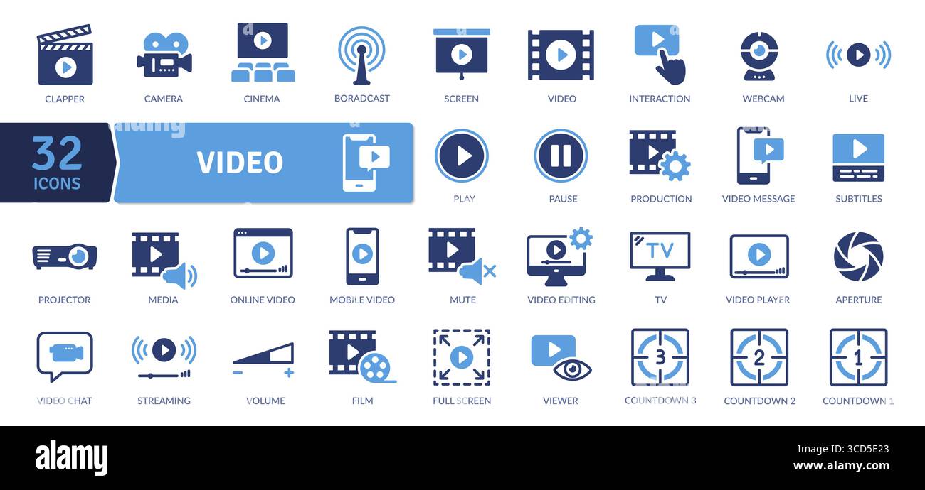 Une illustration vectorielle propre affiche 32 icônes distinctes liées à la vidéo et aux médias. Les icônes sont disposées dans une grille et comprennent claquette, caméra, Illustration de Vecteur