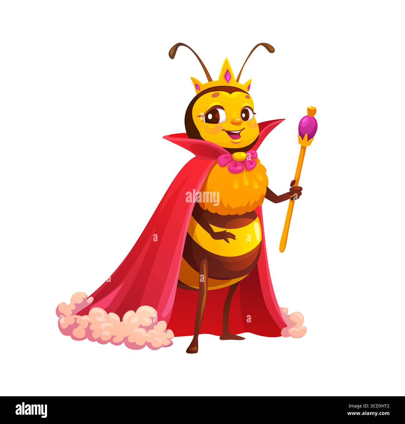 Abeille de miel reine de dessin animé avec couronne et sceptre. Personnage de rucher de vecteur dans la cape rouge royale, souriant fièrement. Monarque apicole symbolise la règle de la ruche. La mascotte d'insectes à la pose majestueuse respire le leadership Illustration de Vecteur