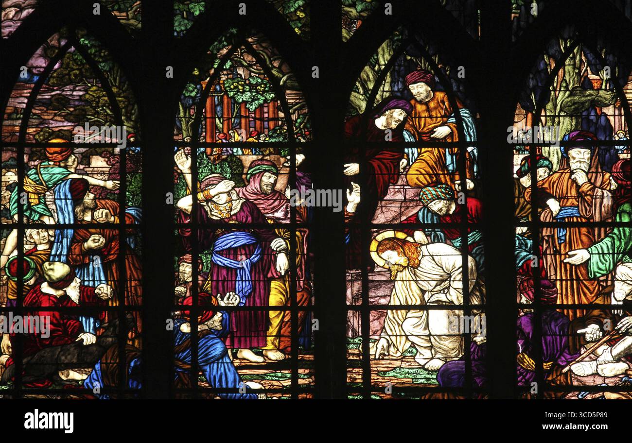 Le Christ et la femme adultère, vitraux, l'église Saint-Jean de Montmartre, Paris Banque D'Images