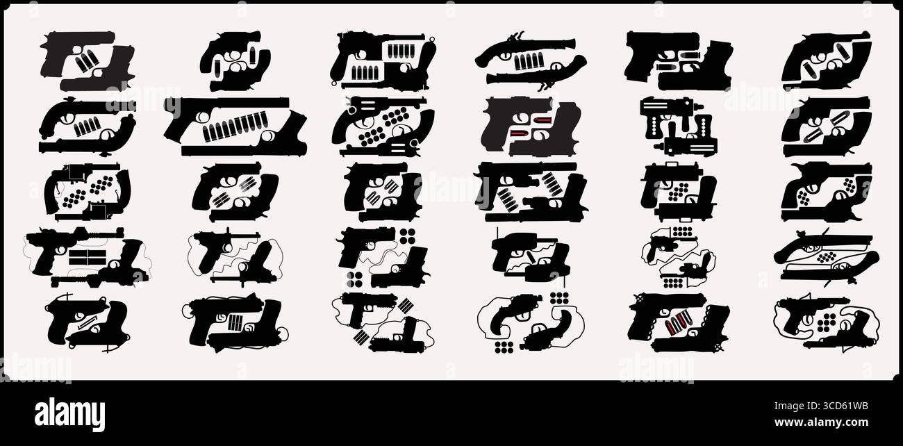 Une collection de silhouettes représentant divers fusils et munitions dans un arrangement graphique Illustration de Vecteur