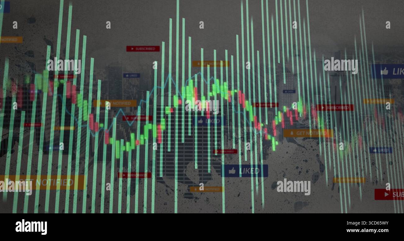 Affichage d'une carte en chandelier au néon au-dessus de l'horizon de la ville, avec quadrillage bleu clair et notifications Banque D'Images