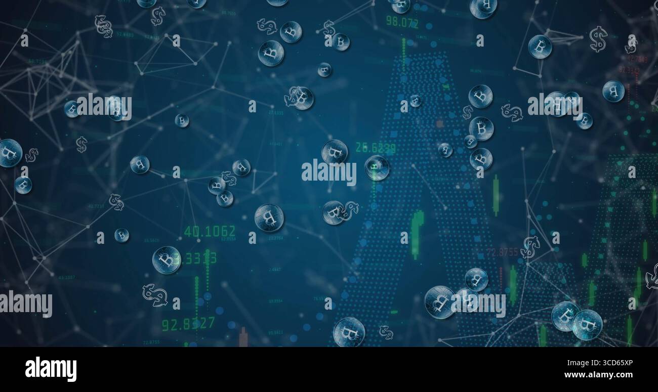 Sphères bitcoin et dollar flottantes survolant la grille numérique, montrant une flèche vers le haut, des données vertes Banque D'Images