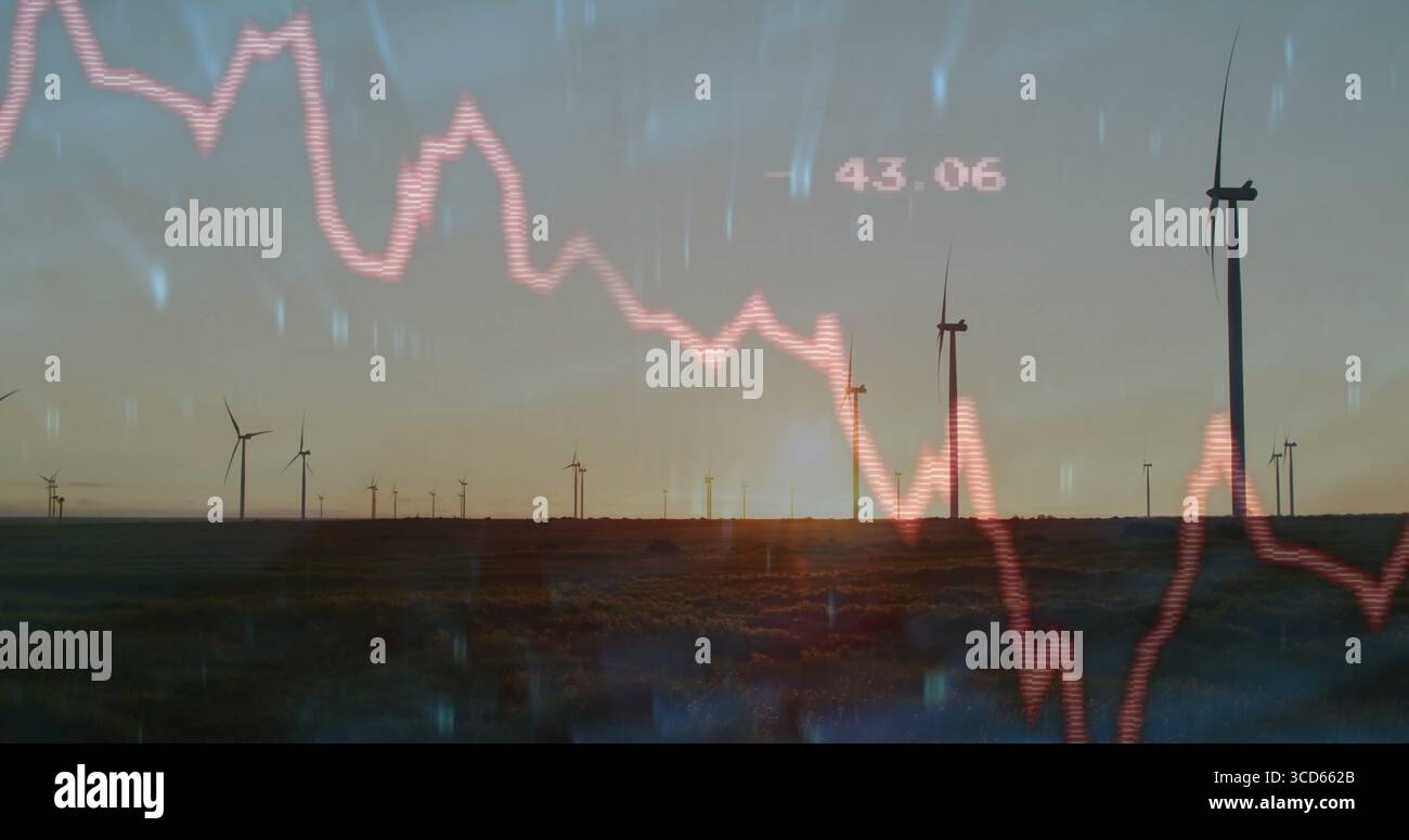 Cadrage des éoliennes à travers les prairies au coucher du soleil, avec graphique de ligne rouge indiquant 43 Banque D'Images