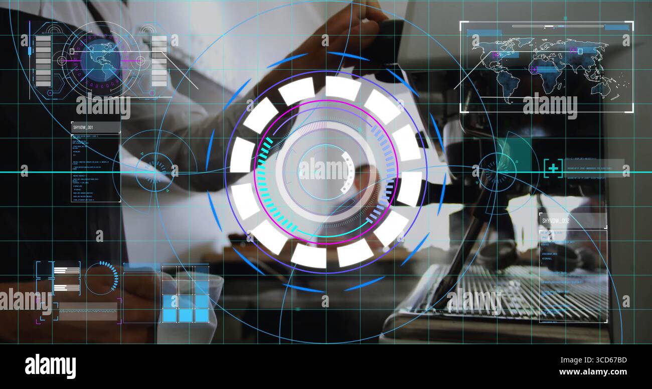 Barista en chemise blanche positionnant le porte-filtre dans la tête du groupe espresso au comptoir à café, avec HUD Banque D'Images