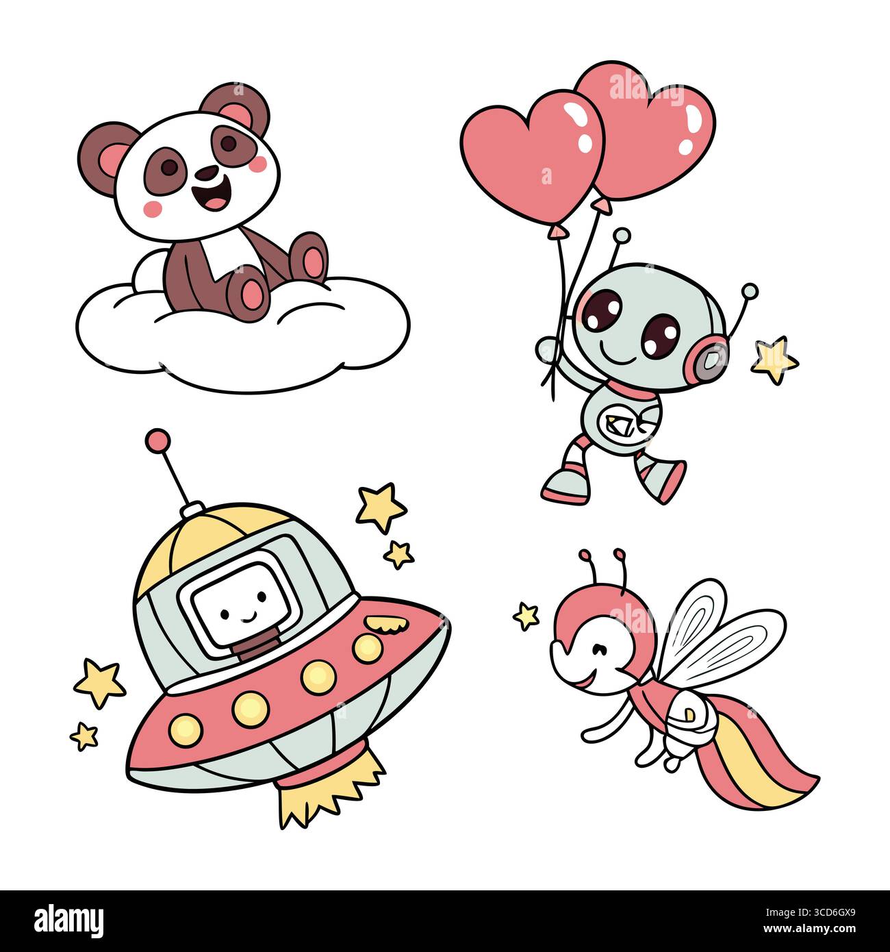 personnages vectoriels mignons avec des ballons extraterrestres panda et robot sur un fond blanc Illustration de Vecteur