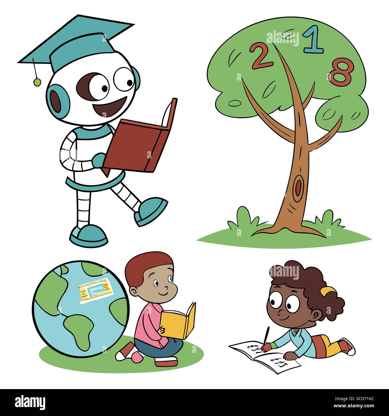une illustration vectorielle amusante présentant les enfants apprenant, lisant des livres et explorant les concepts de la nature Illustration de Vecteur
