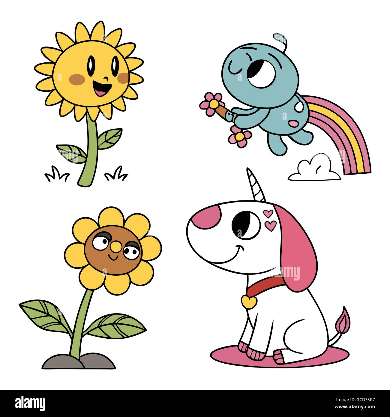 Illustrations vectorielles joyeuses de fleurs mignonnes et d'un chien adorable avec une touche fantaisiste Illustration de Vecteur