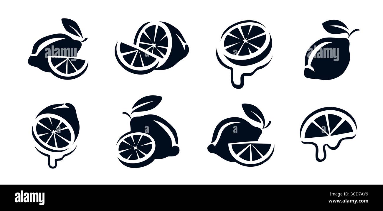 Jeu d'icônes de citron. Citron vert, fruit avec feuille, symbole de tranche. Emblème de l'acide citrique Illustration de Vecteur