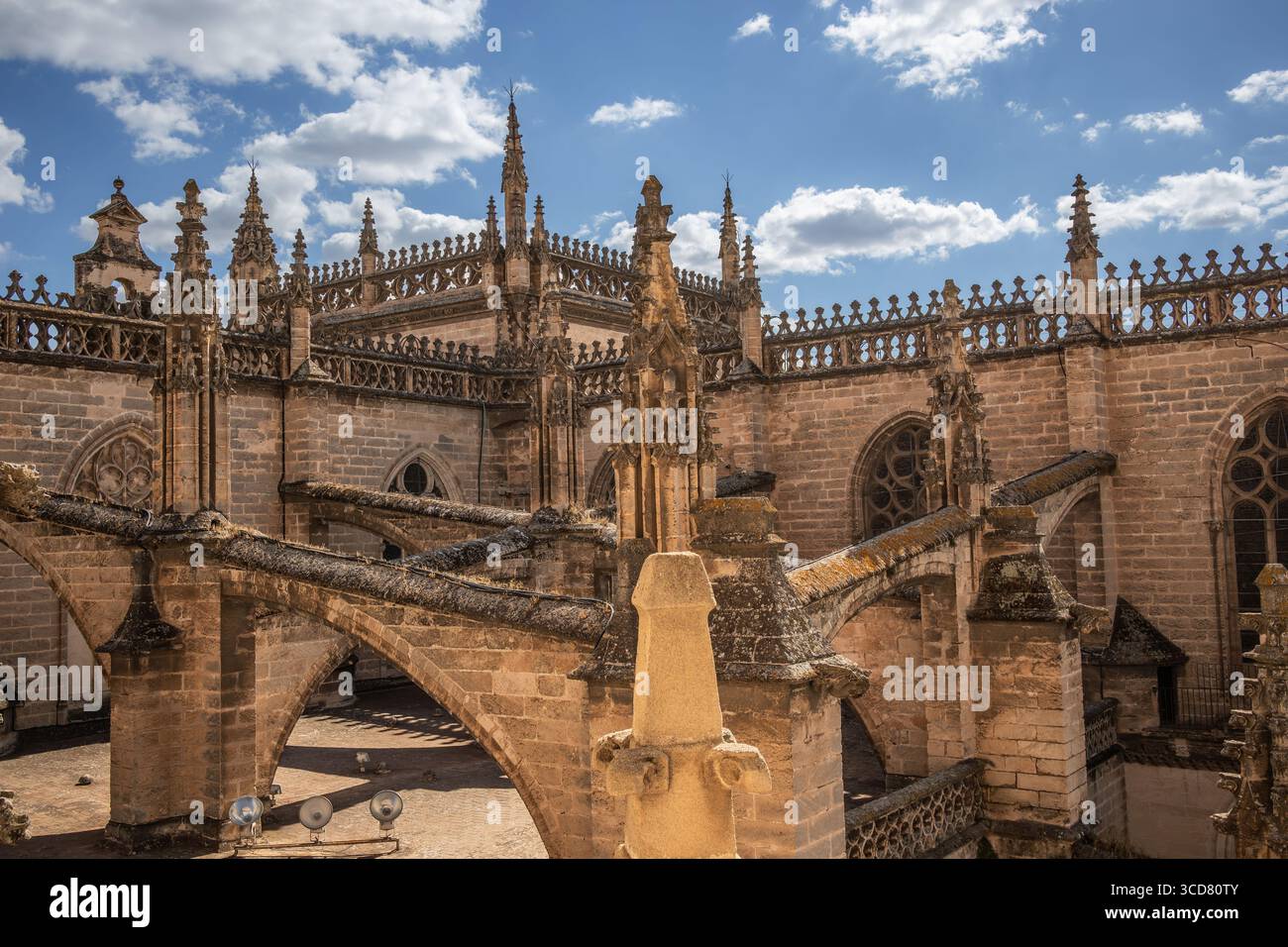 Séville, Espagne - 21 mai 2024 : architecture gothique de la cathédrale Sainte-Marie-du-Siège. Vue détaillée des contreforts volants en Andalousie. Banque D'Images