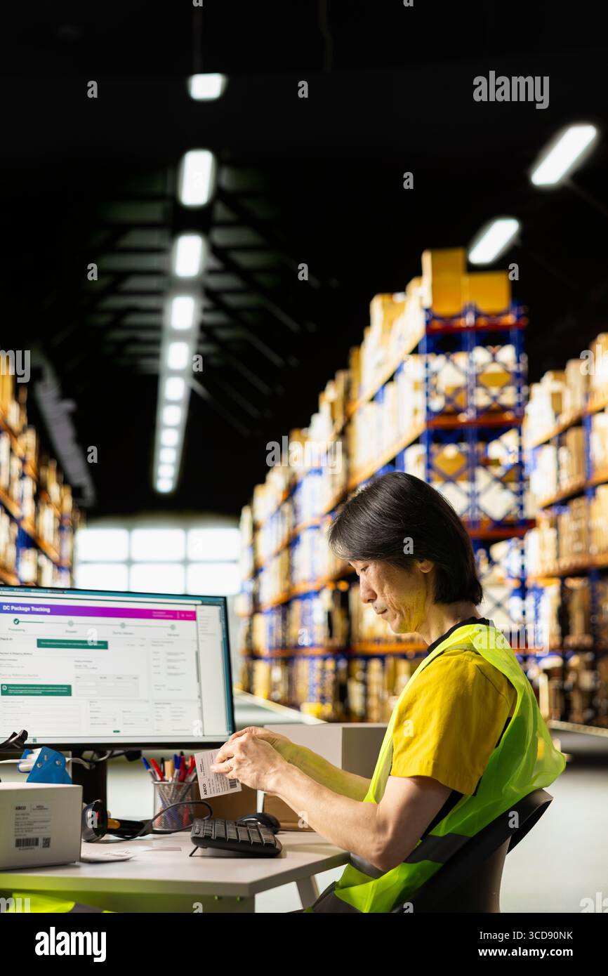 Travailleur logistique imprimant et appliquant des étiquettes awb sur les colis, portant un gilet haute visibilité dans un entrepôt avec une lettre de transport aérien à code-barres et des étiquettes d'expédition, assurant ainsi l'exécution des commandes et le suivi des stocks. Banque D'Images