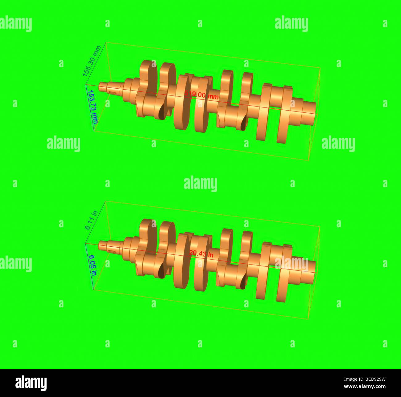 dessin technique du vilebrequin, illustration, mesures en pouces et millimètres partie mécanique moteur moteur, fond d'écran vert Banque D'Images