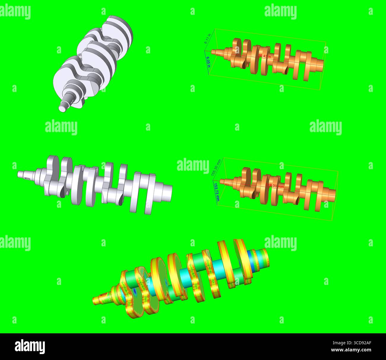 Analyse par éléments finis, dessin technique du vilebrequin, illustration, pièce mécanique moteur, fond d'écran vert Banque D'Images