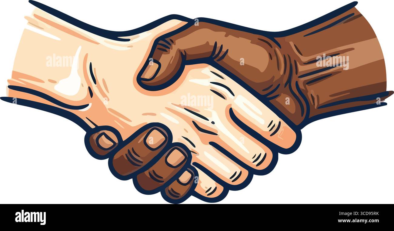 Diverses mains secouant Unity. Illustration représentant une prise ferme entre deux individus de teint différent. Il symbolise la coopération, l'harmonie Illustration de Vecteur