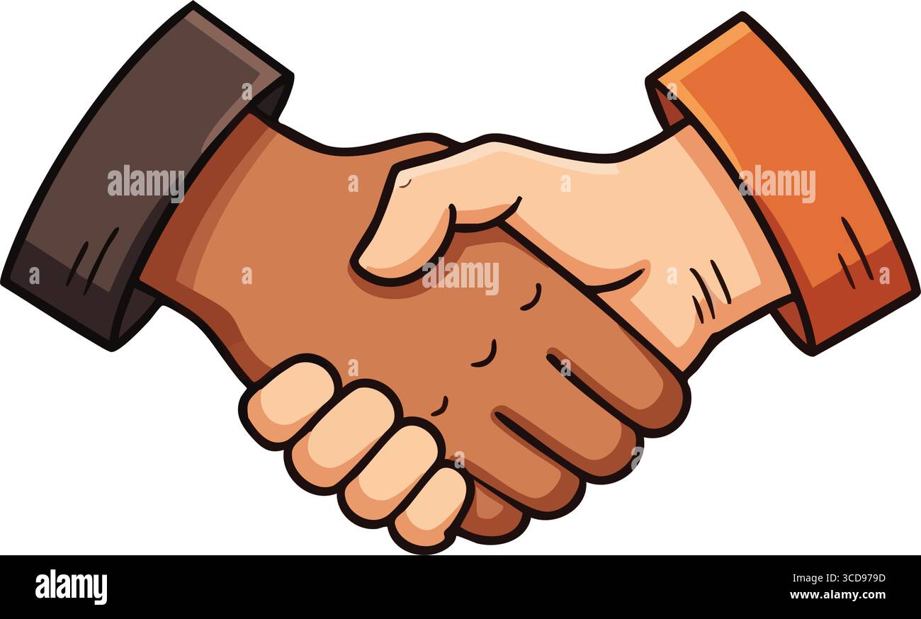 Connexion de tremblement des mains diverses. Cette illustration vibrante représente une prise ferme entre deux individus au teint variable, symbolisant le collabre Illustration de Vecteur