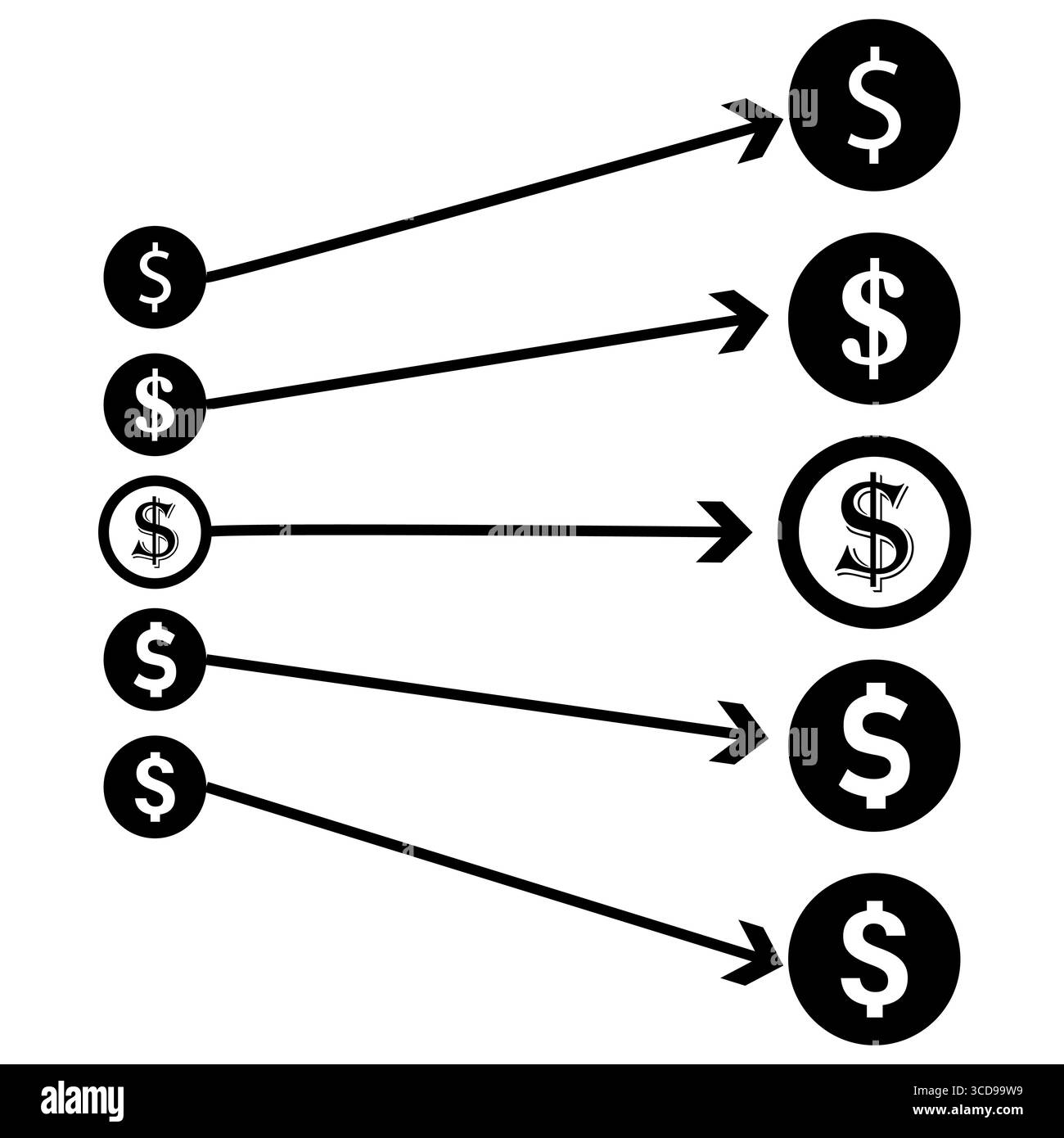Flux de données financières. Flèches pointant vers l'argent. Illustration commerciale vectorielle. Symbole de processus économique. Illustration de Vecteur