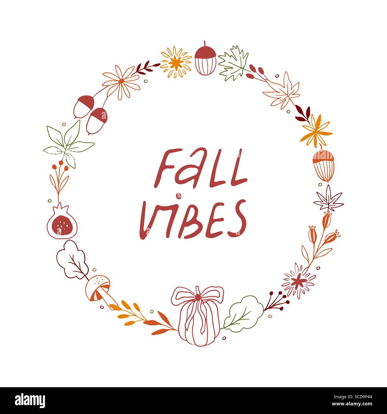 Couronne d'automne dessinée à la main avec des feuilles, glands, citrouille Illustration de Vecteur