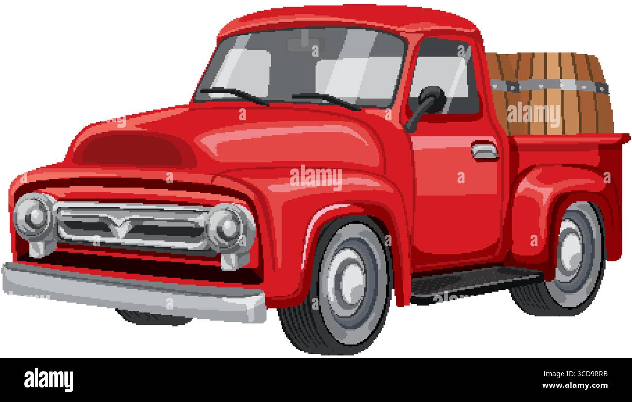 Camionnette rouge classique avec baril en bois, art vectoriel détaillé, couleurs vibrantes, style rétro, idéal pour les thèmes nostalgiques Illustration de Vecteur
