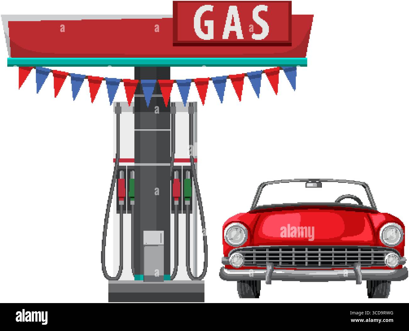 Illustration vectorielle d'une station-service vintage et cabriolet rouge classique. Les couleurs vives et les lignes épurées créent une sensation nostalgique Illustration de Vecteur